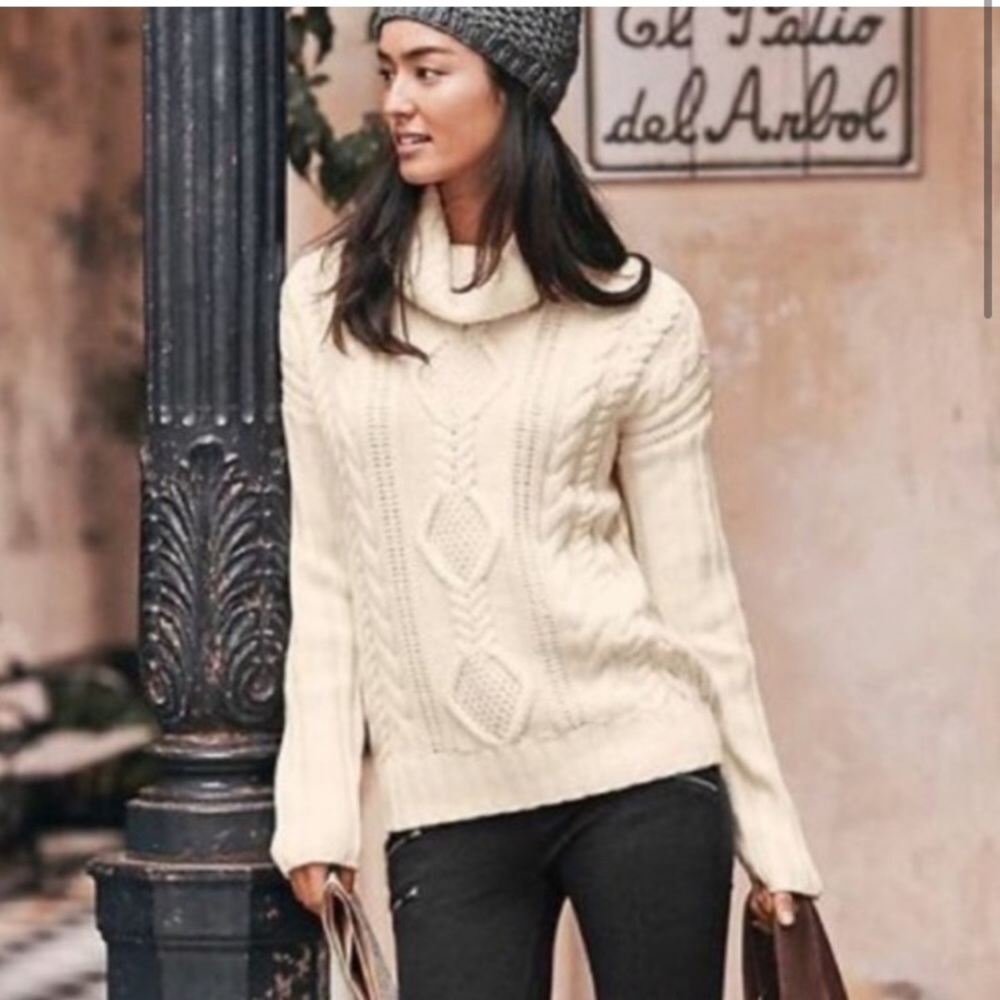 Athleta Wool Plains Cable Knit Cowl Turtleneck Sweater - S